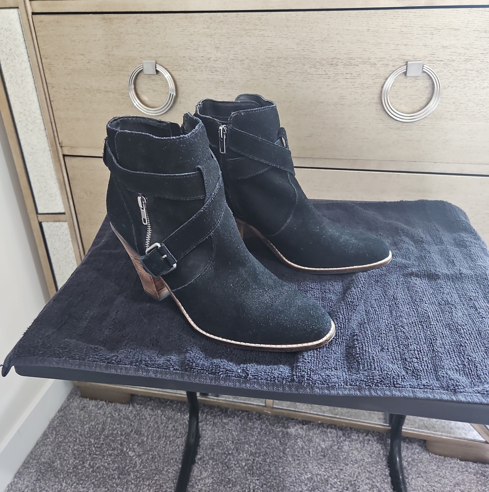 Women's Black Suede Ankle Booties with Buckle Detail